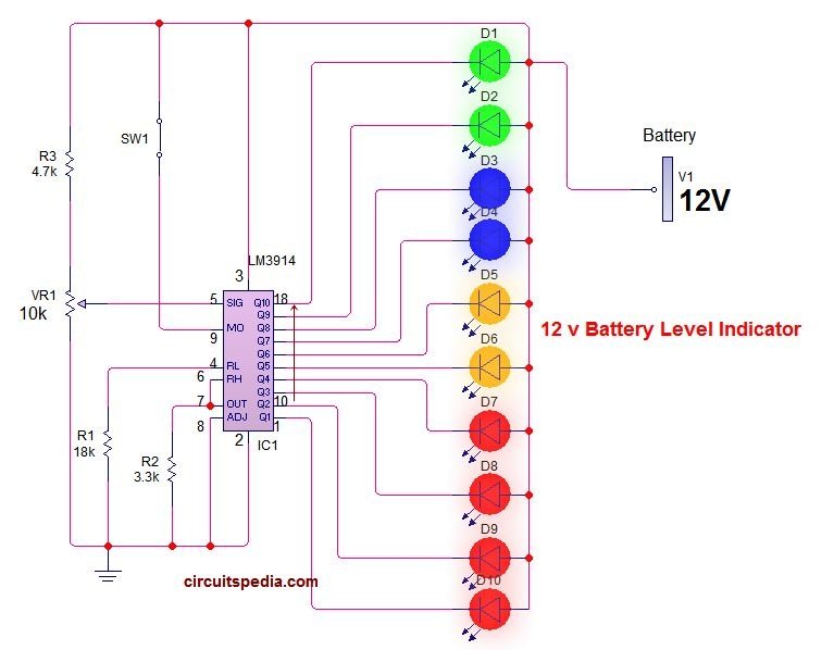 12v Battery Charge Level Indicator Circuit With 3914 Ic