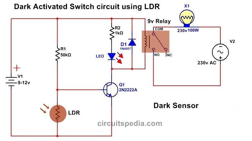 LDR Light Sensor and Dark sensor Circuit. Darkness ...